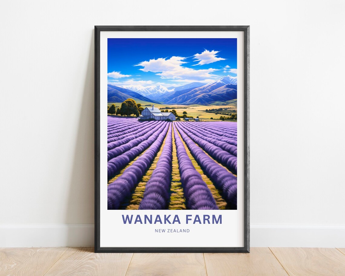Wanaka Farm New Zealand Lavender Rows Travel Illustration Poster