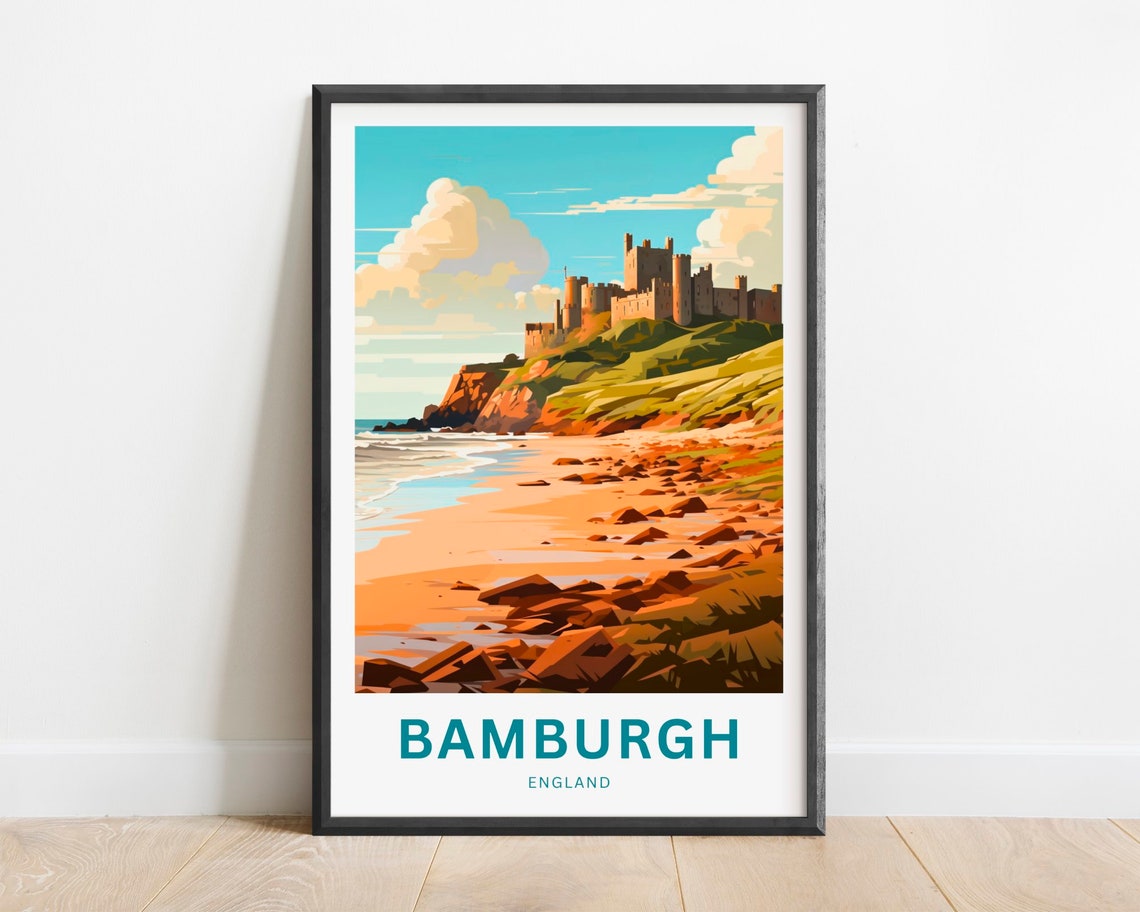 Bamburgh Castle Clifftop Beach Rocky Coastline England Travel Poster