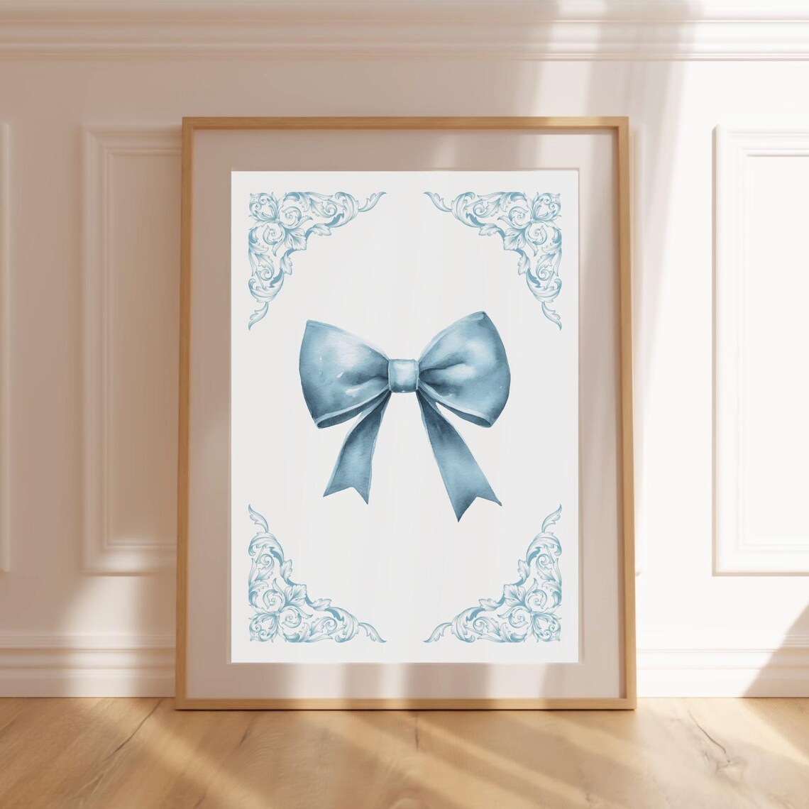 Blue Watercolor Ribbon Bow With Baroque Corner Flourish Art Poster