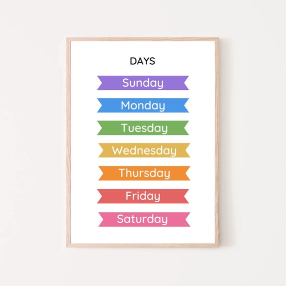 Days Of The Week Educational Poster Rainbow Classroom Decor Montessori Homeschool Wall Art Preschool Kindergarten Toddler Learning