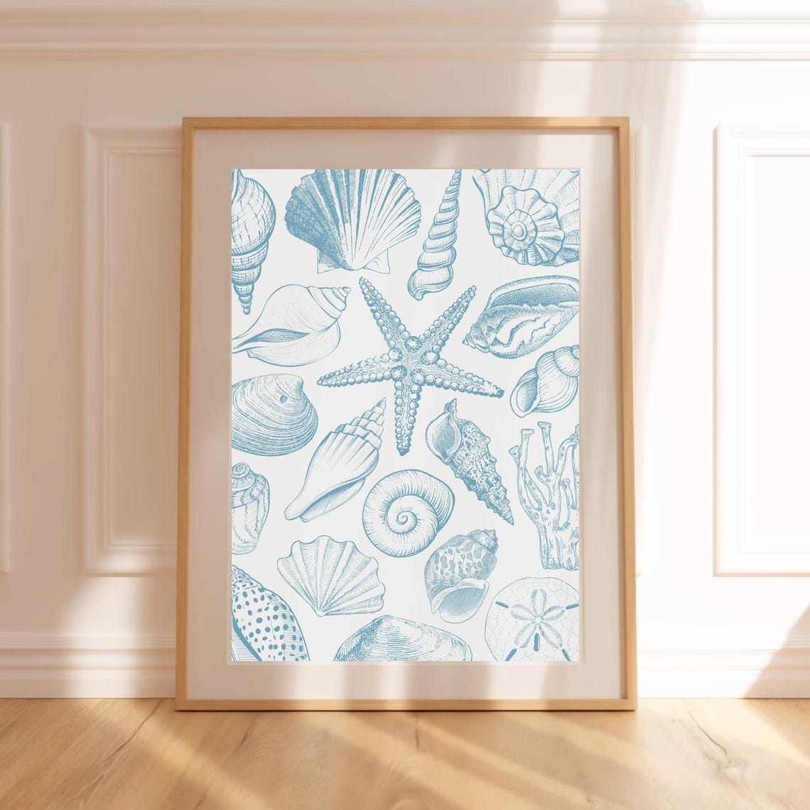 Blue Line Art Seashells Starfish Coral Vintage Coastal Beach Poster