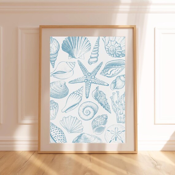 Blue Line Art Seashells Starfish Coral Vintage Coastal Beach Poster
