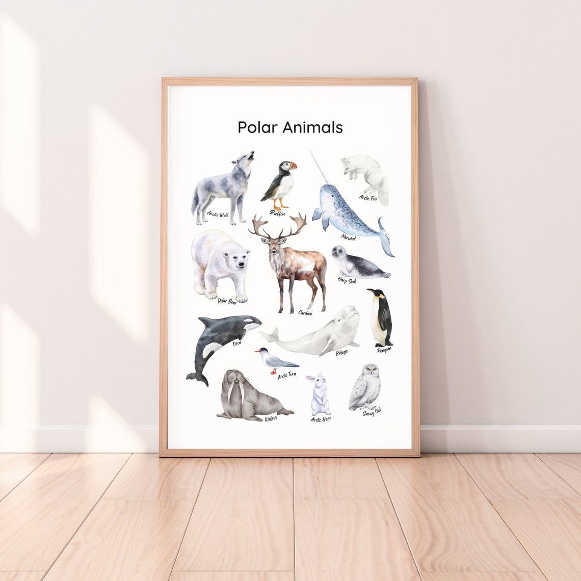 Polar Animals Watercolor Chart Polar Bear Penguin Narwhal Kids Poster - Image 4