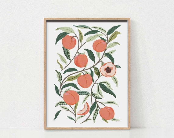 Peach Botanical Art Print Peach Tree Wall Art Peach Art Farmhouse Wall Art Kitchen Wall Decor Fruit Print