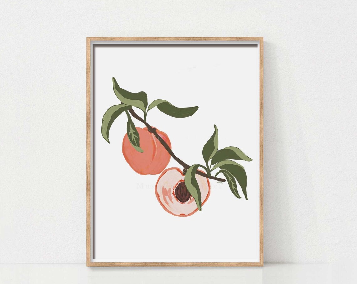 Two Ripe Peaches on Slender Branch Halved Fruit Botanical Watercolor Poster