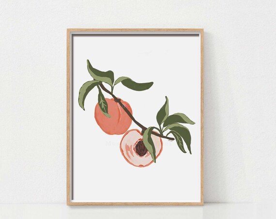 Two Ripe Peaches on Slender Branch Halved Fruit Botanical Watercolor Poster