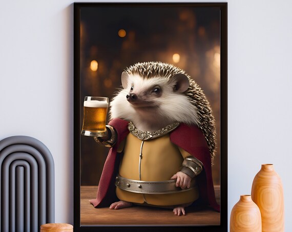 Royal King Hedgehog Beer Toast Funny Cute Animal Portrait Wall Poster