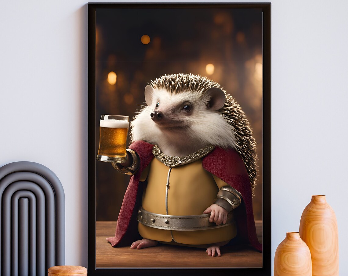 Royal King Hedgehog Beer Toast Funny Cute Animal Portrait Wall Poster