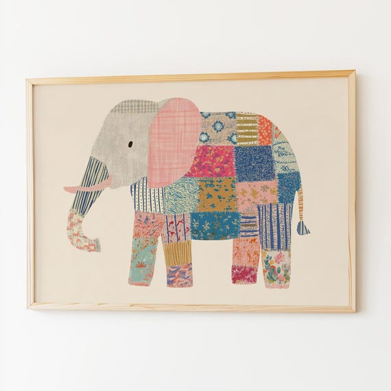 Patchwork Elephant Whimsical Boho Nursery Art Print