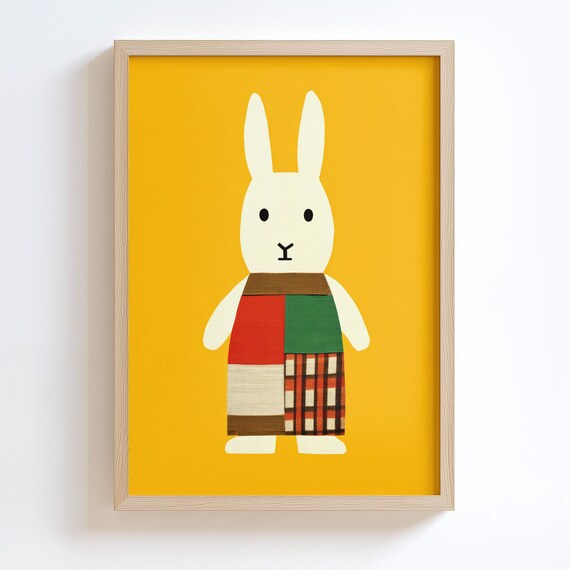 Cute Patchwork Bunny Nursery Art Poster on Mustard Yellow Background