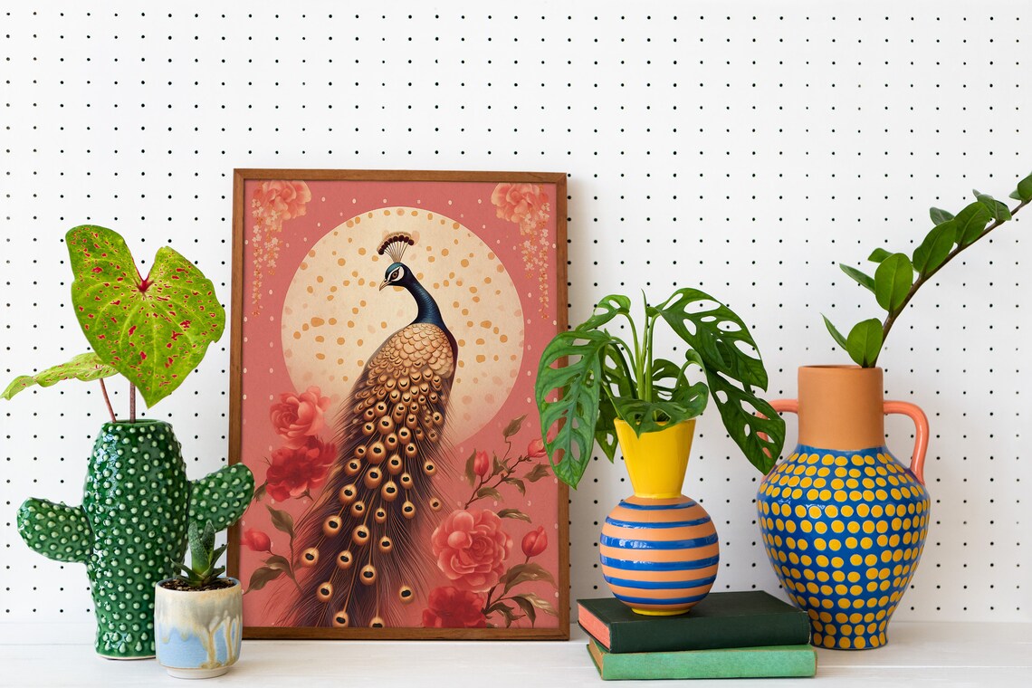 Elegant Golden Peacock under Full Moon Pink Floral Art Poster - Image 5