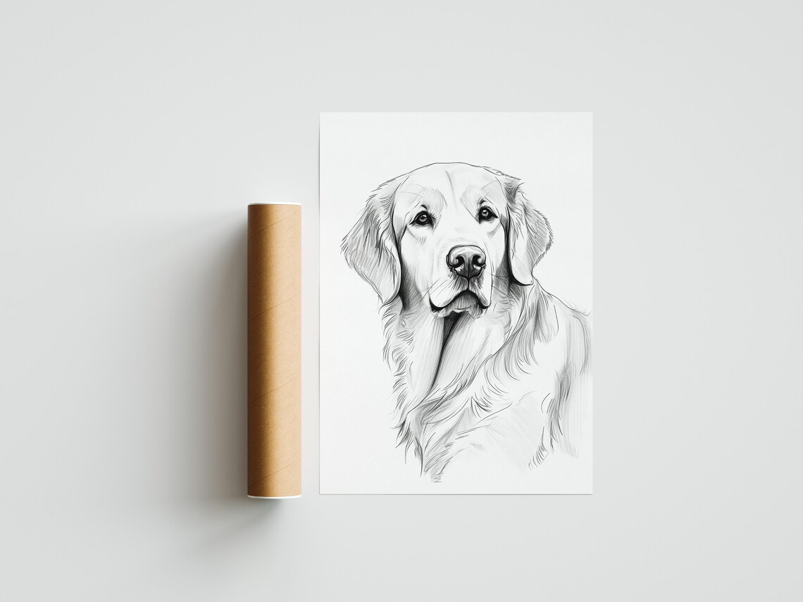 Golden Retriever Front Portrait Detailed Pencil Sketch Poster - Image 3