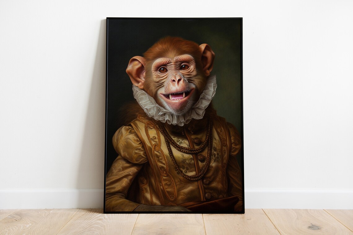 Renaissance Monkey Portrait In Ruff Collar Gold Brocade Art Poster