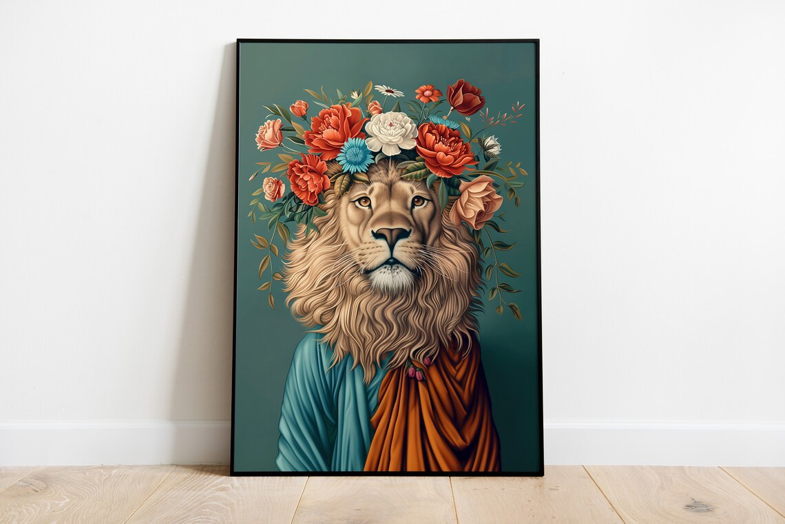 Regal Lion Portrait Print Floral Crown Quirky Wall Art
