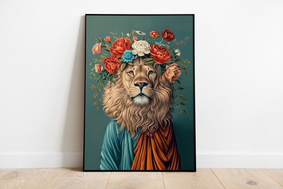 Regal Lion Portrait Print Floral Crown Quirky Wall Art