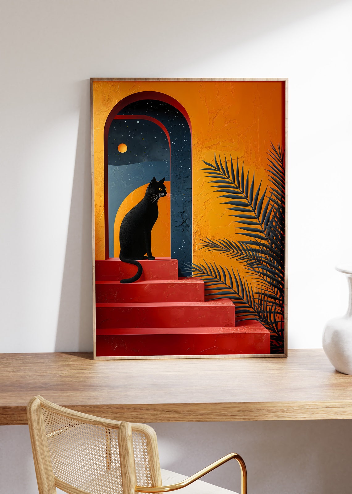 Black Cat Sitting on Red Stairs with Starry Archway Boho Poster - Image 4