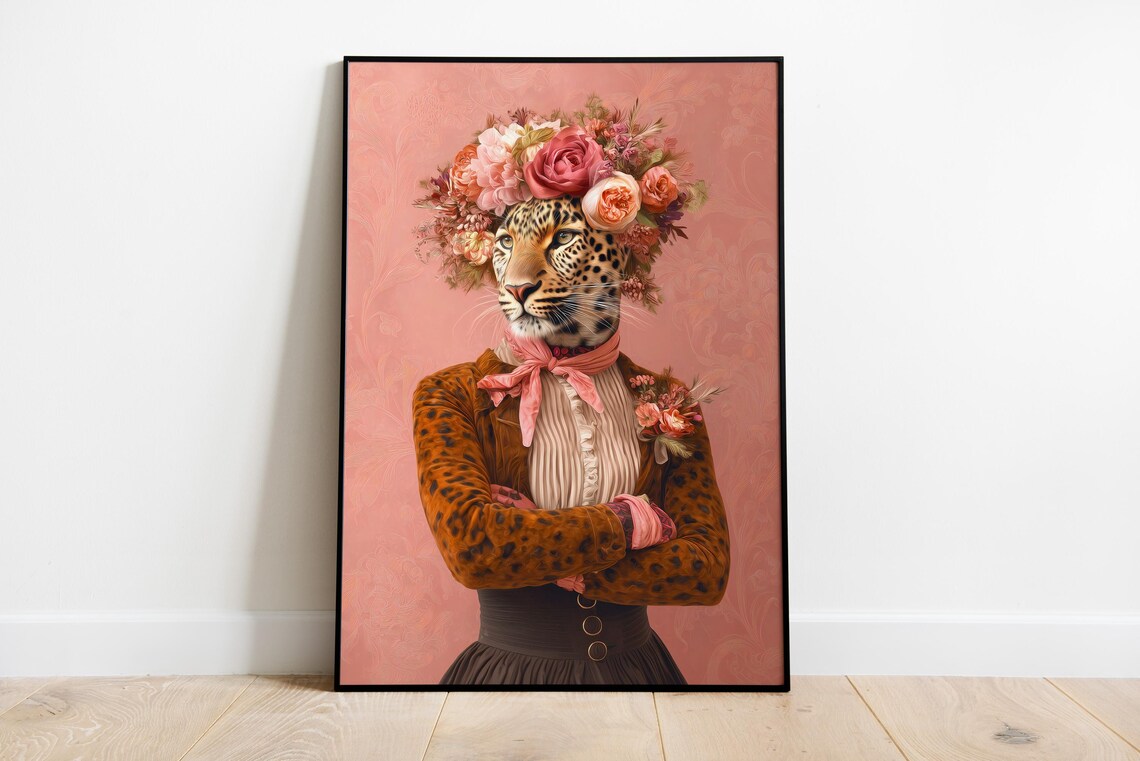 Floral Leopard Art Print, Bold Jungle Cat Portrait