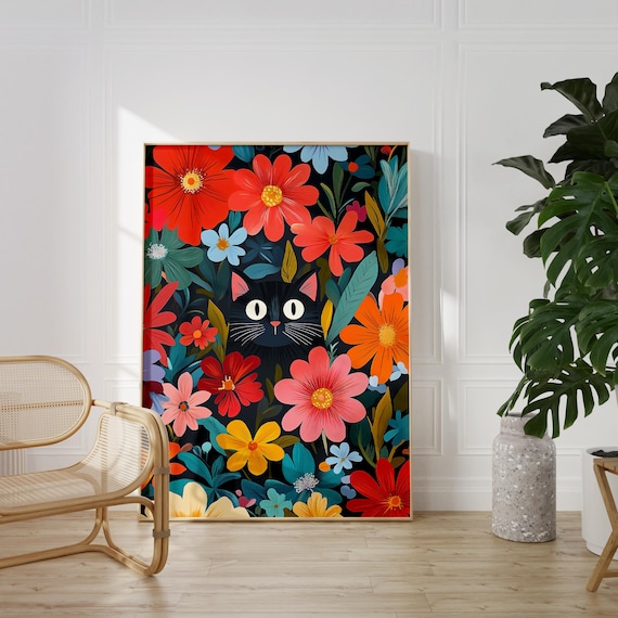 Black Cat Hidden in Bold Flowers Dark Botanical Whimsical Poster