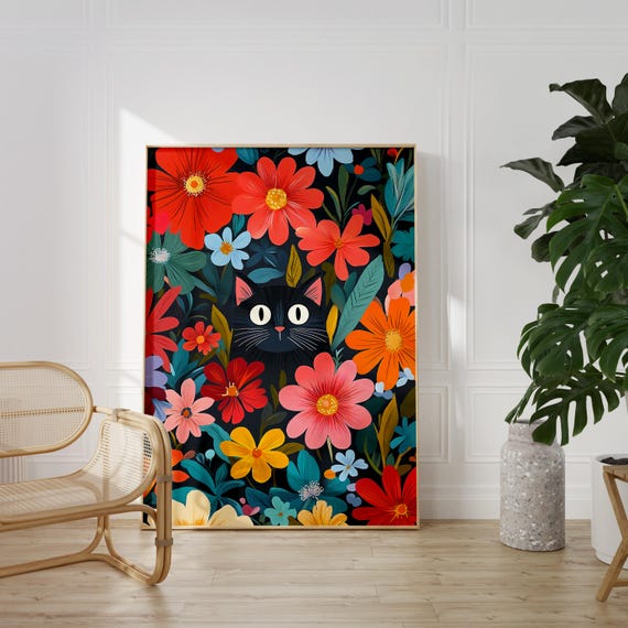 Floral Cat Art Print Whimsical Botanical Black Poster