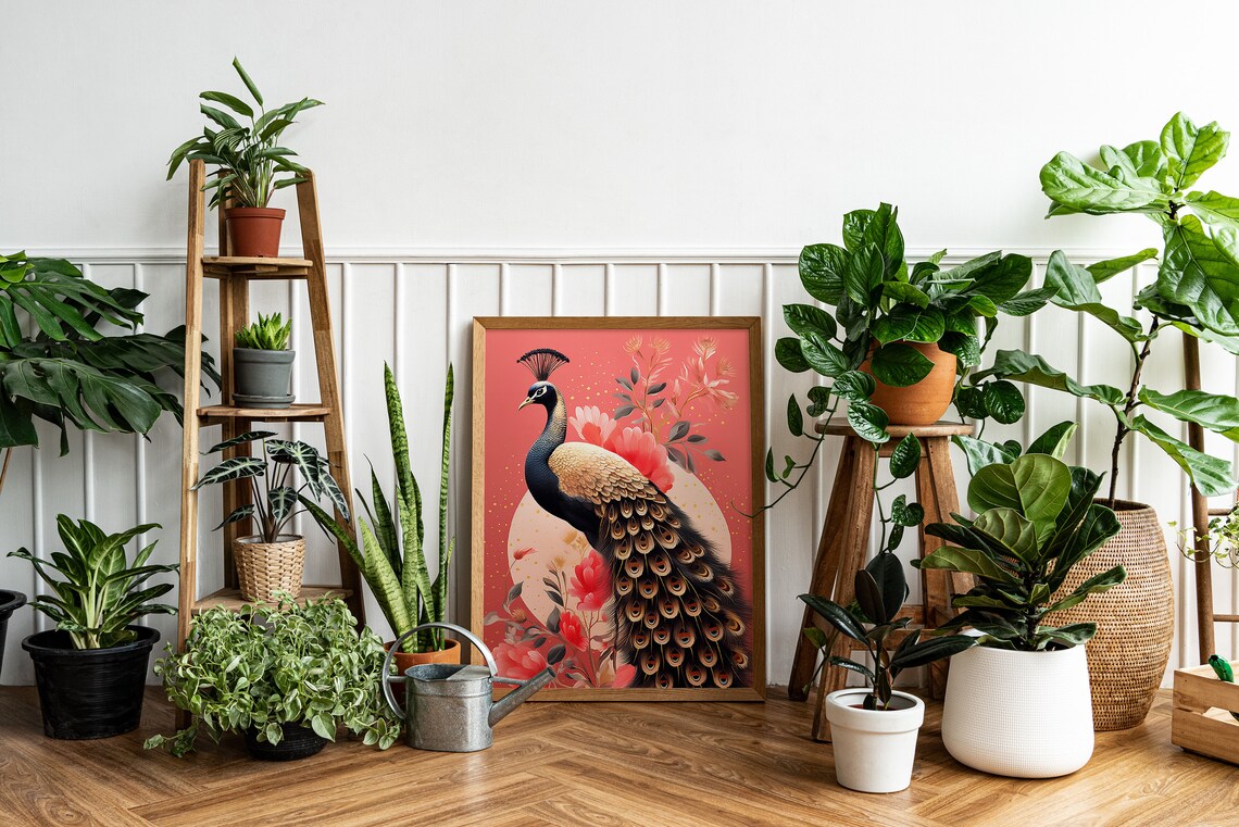 Elegant Peacock on Coral Pink Background with Floral Blooms Poster - Image 5