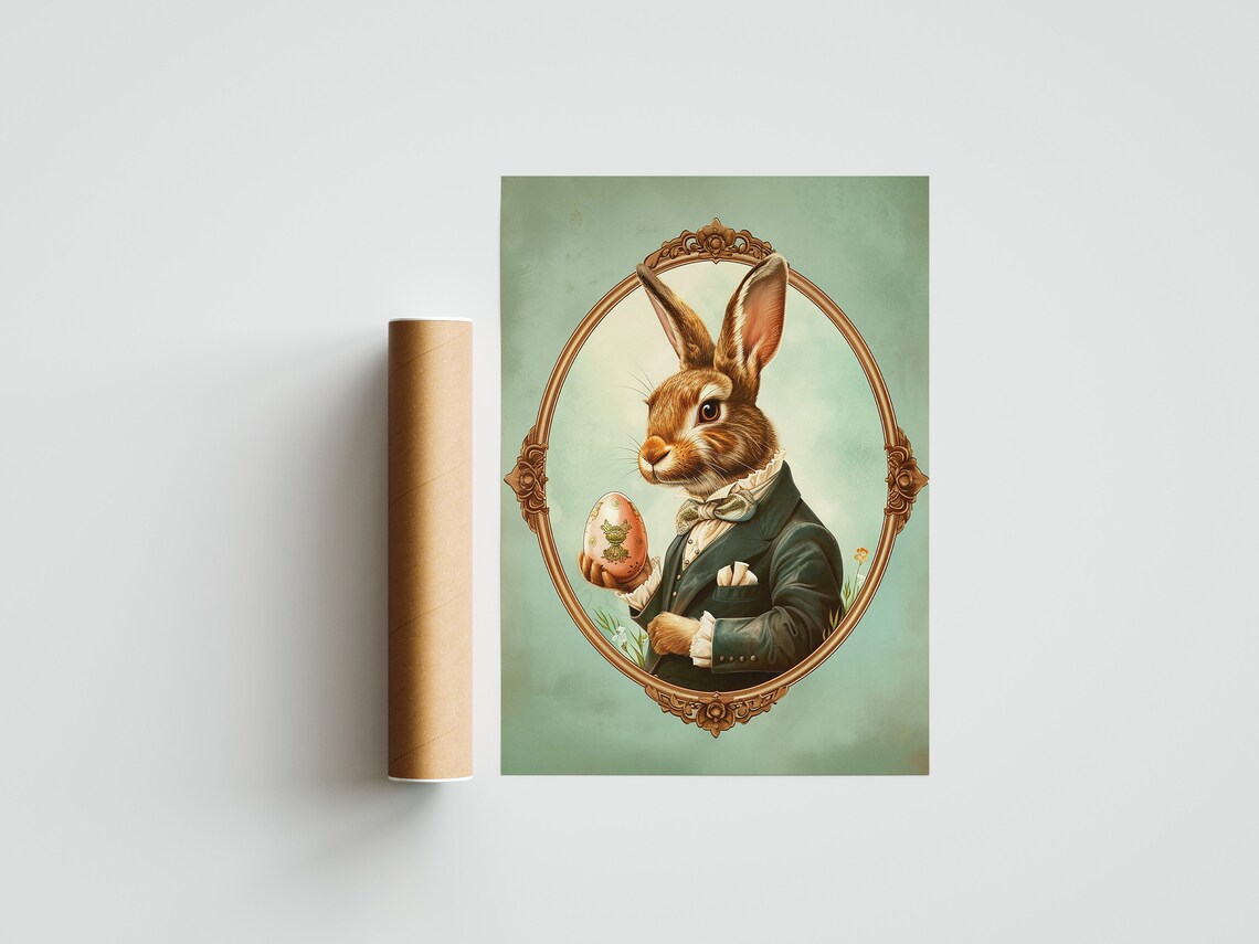 Dapper Gentleman Hare with Bow Tie on Mint Green Easter Portrait Poster - Image 3
