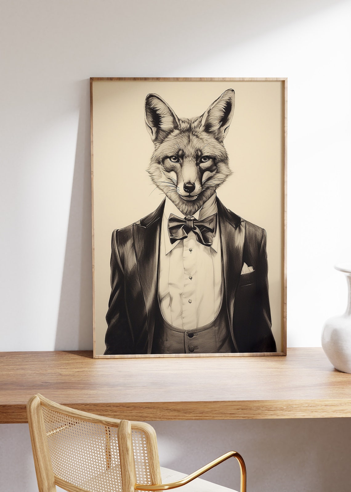 Dapper Fox in a Tuxedo Pencil Sketch Monochrome Portrait Poster - Image 5