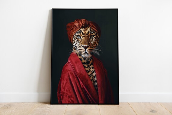 Leopard In Red Bathrobe Art Print Animal Human Body Poster