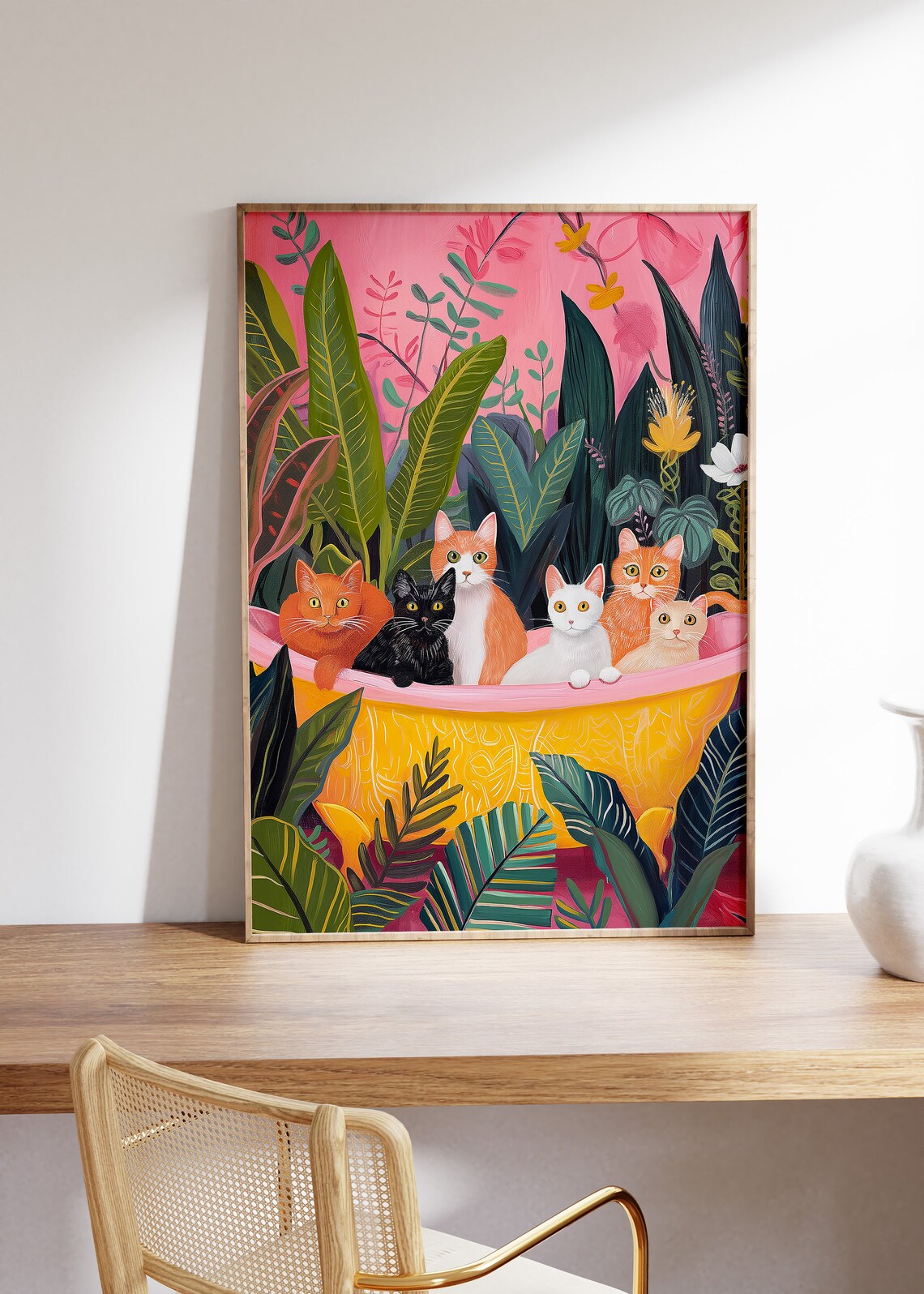 Six Playful Cats in a Yellow Bathtub with Tropical Plants Poster - Image 3