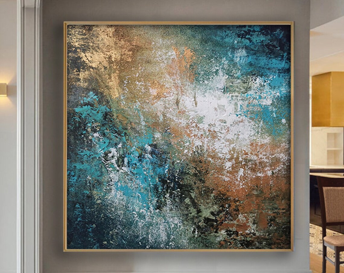 Teal Copper White Earthy Mottled Textured Square Wall Art Poster