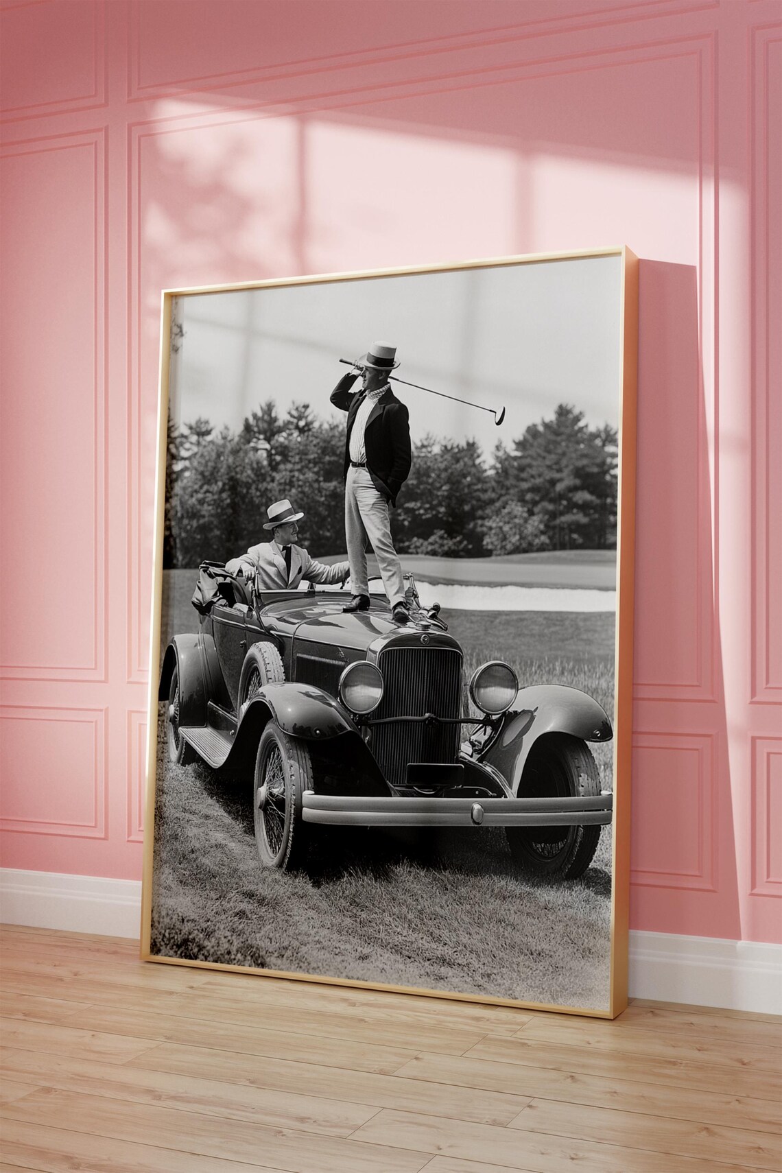 Vintage Golfer Teeing On Car, Retro Golf Print
