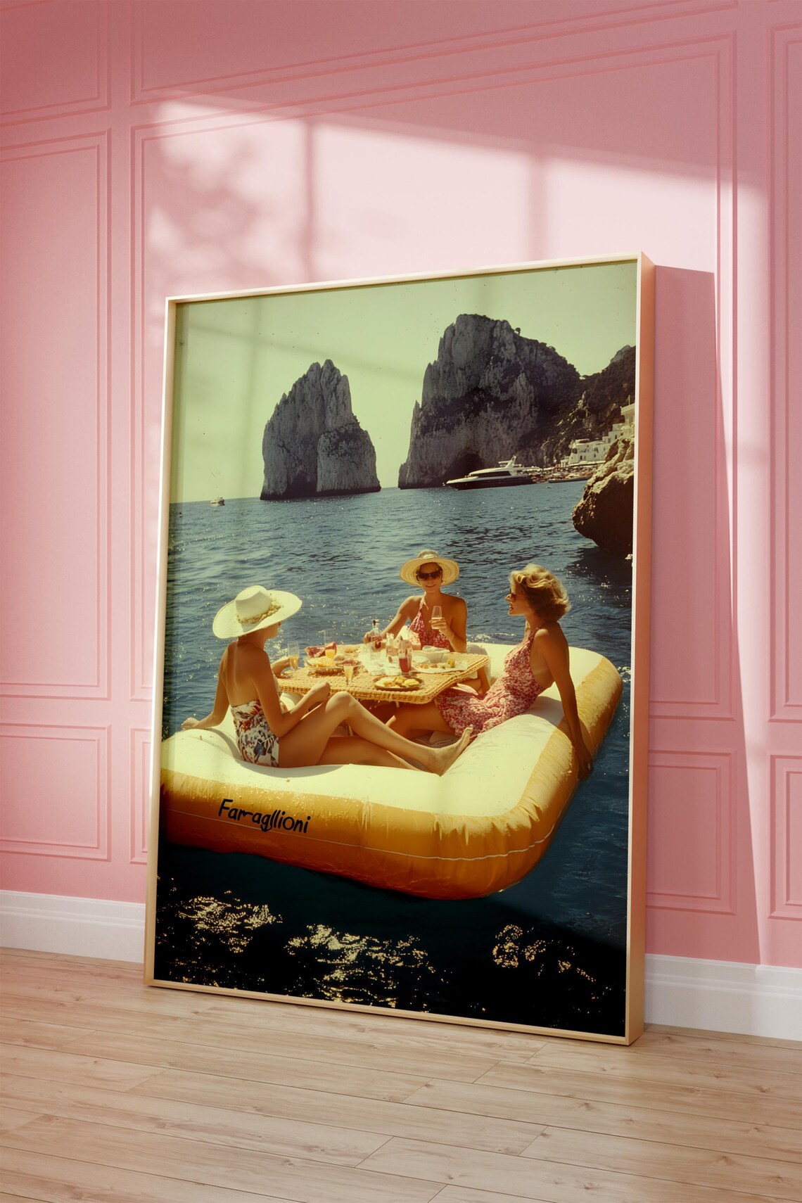 Women Eating Pizza on Lake, Vintage Wall Art Print