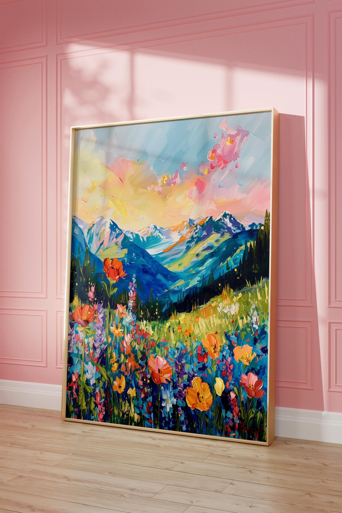 Colorful Mountain Wildflower Meadow Impasto Landscape Art Poster