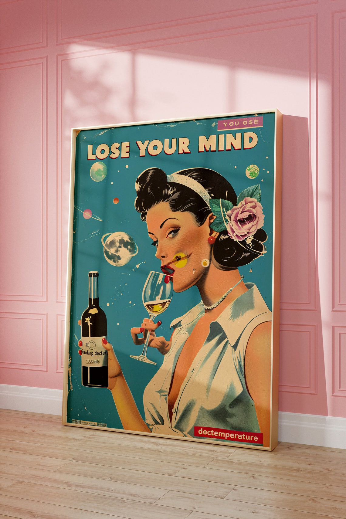 Lose Your Mind Vintage Pin-Up Wine Retro Cosmic Bar Cart Style Poster