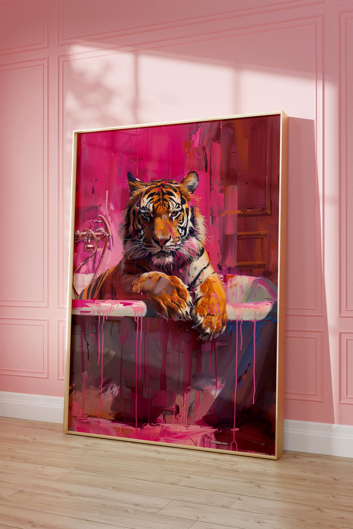 Tiger Lounging on Bathtub Hot Pink Paint Maximalist Jungle Poster
