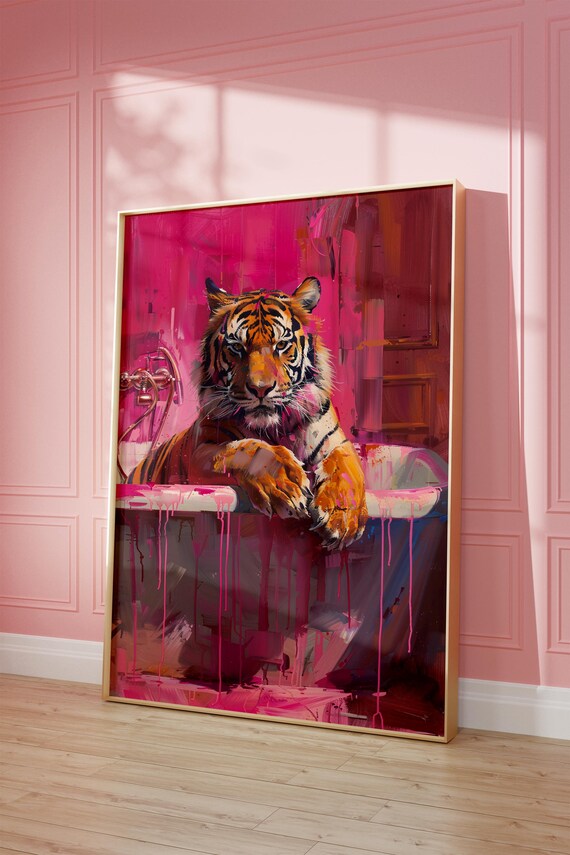Tiger Lounging on Bathtub Hot Pink Paint Maximalist Jungle Poster