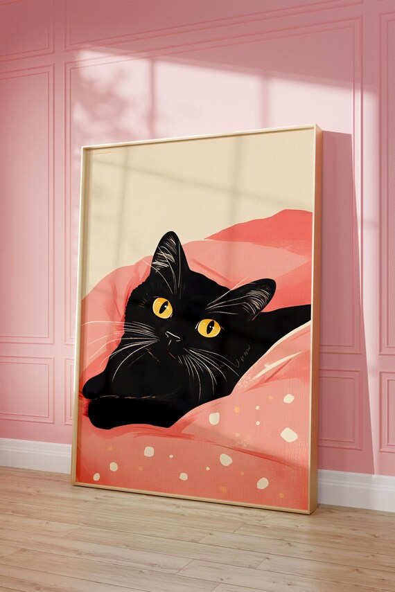 Black Cat Under Pink Blanket Cozy Cute Yellow Eyes Pet Poster