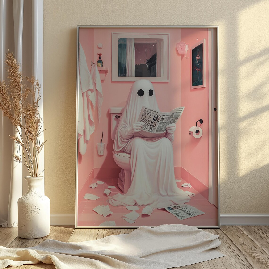 Cute Ghost In Bath Y2K Halloween Bathroom Art Print - Image 3