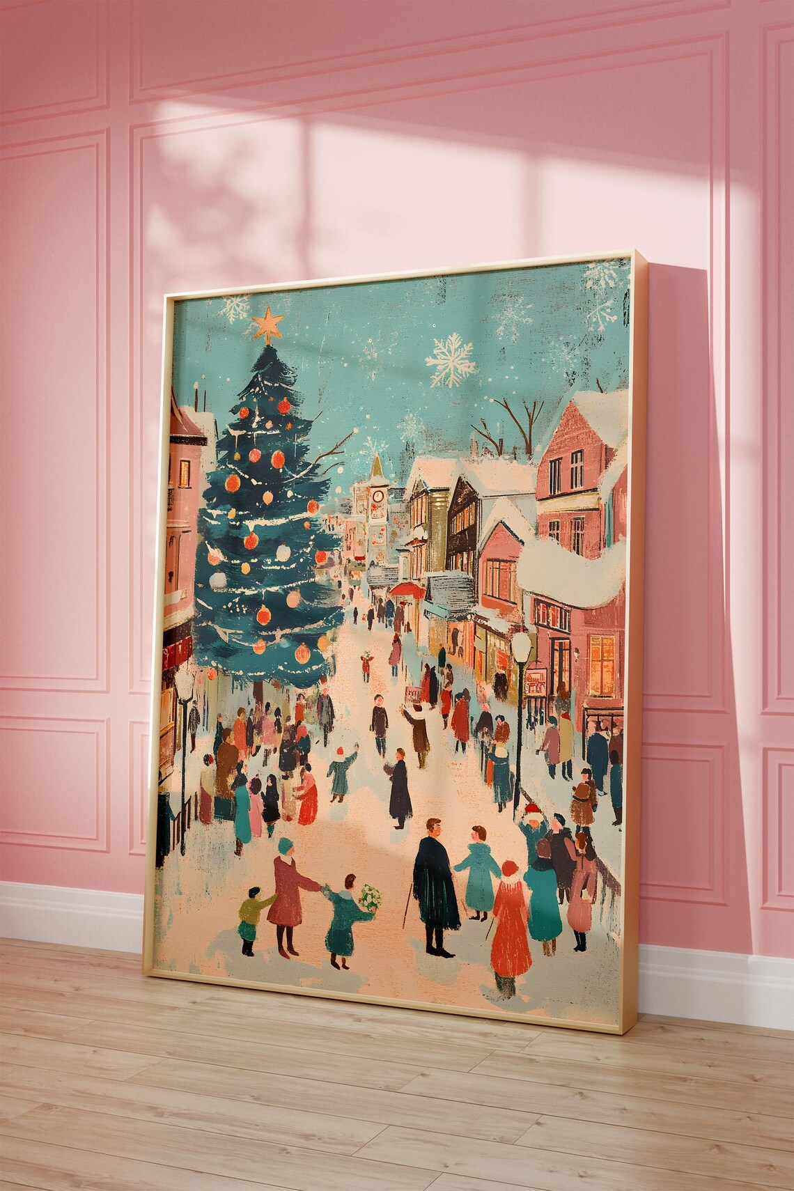 Christmas Eve Town Square Tree Festive Crowd Vintage Holiday Poster