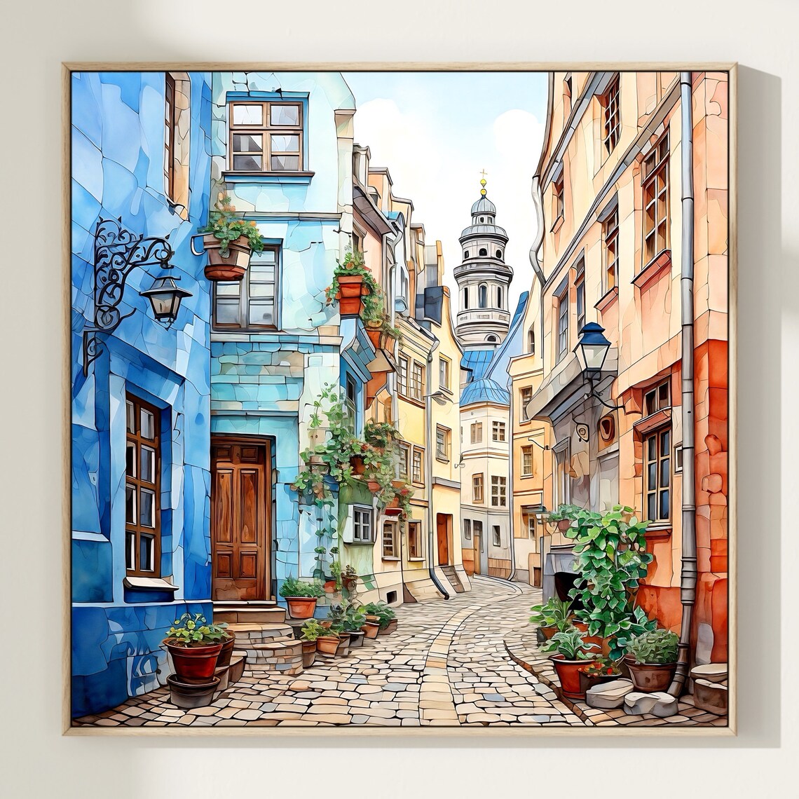 Colorful Old Town Street Watercolor Blue Facade Church Tower Poster