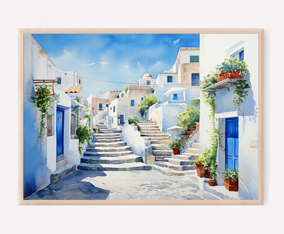 Greek Island Village Whitewashed Alley Blue Doors Poster Art