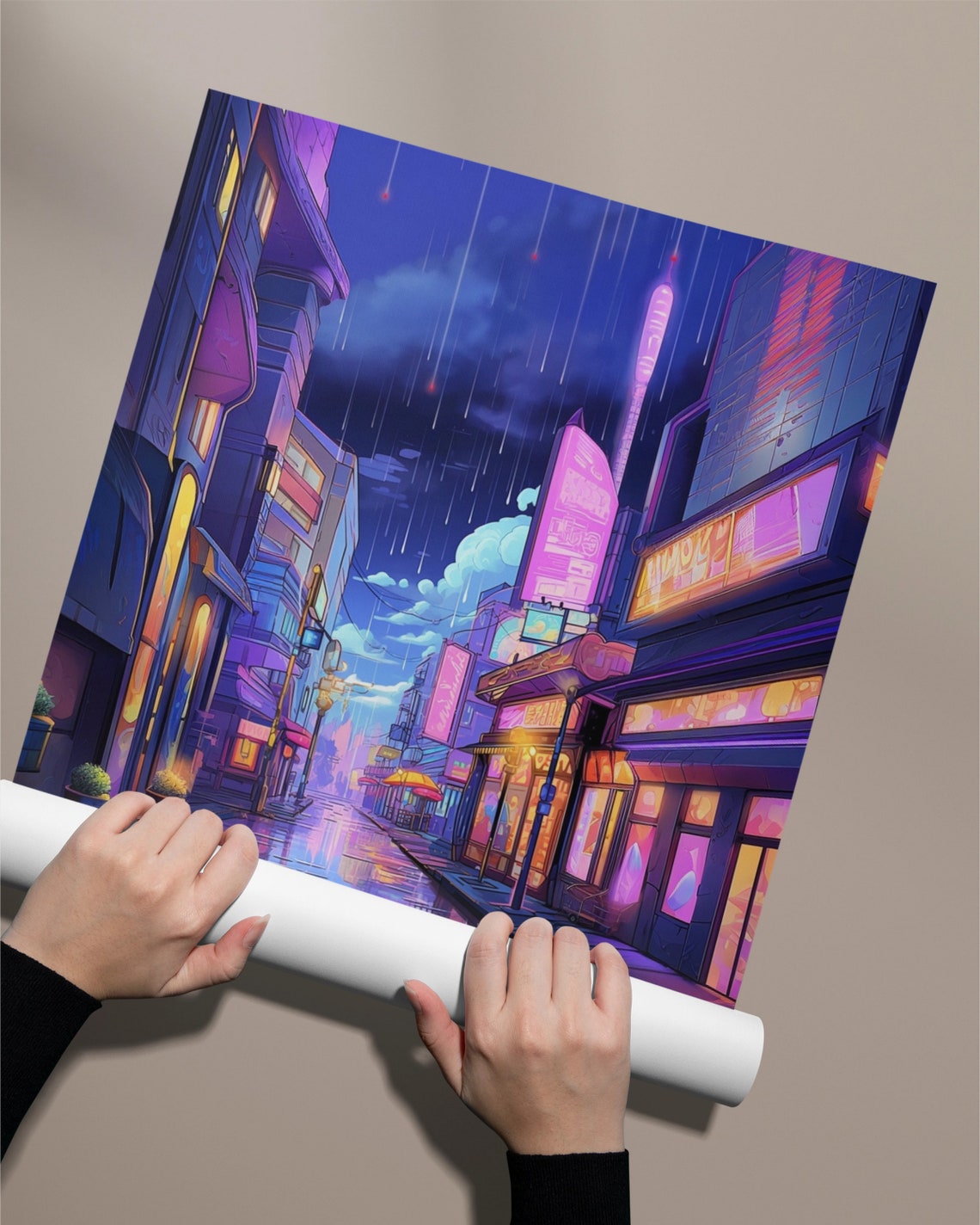 Neon Lit Rainy Alley Glowing Signs Wet Pavement Night Art Poster - Image 2