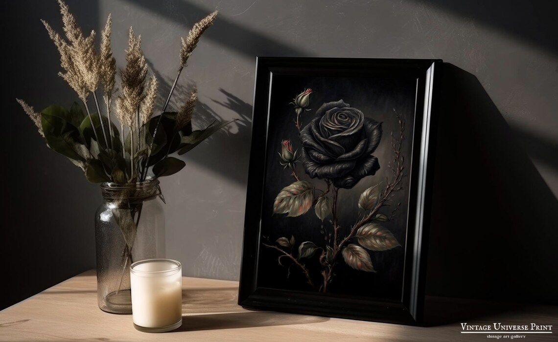 Dark Black Rose Bloom Moody Vintage Floral Oil Painting Wall Art - Image 3