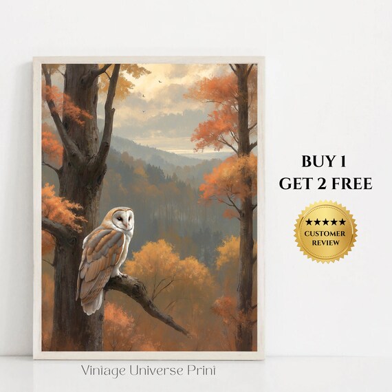 Barn Owl In Autumn Forest Landscape Vintage Wildlife Painting Poster