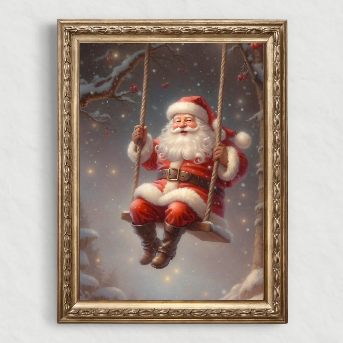 Swinging Santa Claus Vintage Painting Christmas Oil Painting Christmas Wall Art Retro Christmas Decoration Winter Print Noel Art Print - Image 4