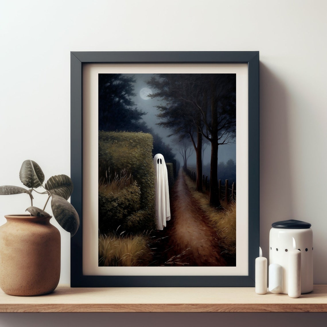 Ghost Peeking Around A Hedge On A Moonlit Country Lane Poster - Image 4
