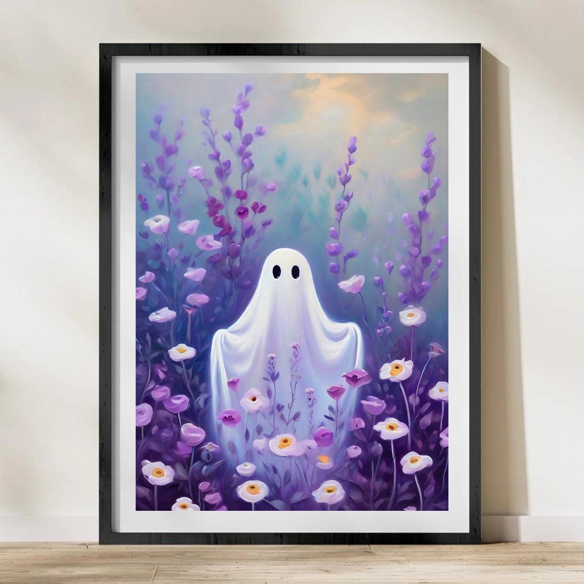 Cute Ghost in Purple Flower Meadow Vintage Halloween Art Poster - Image 4