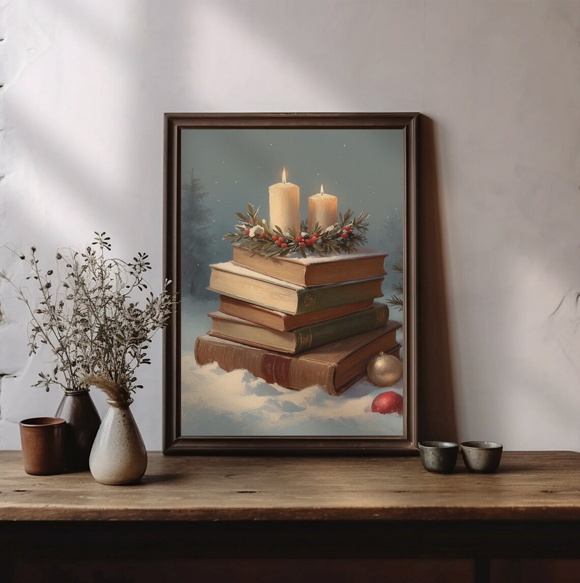 Vintage Christmas Books Still Life With Candles Winter Snow Poster - Image 2