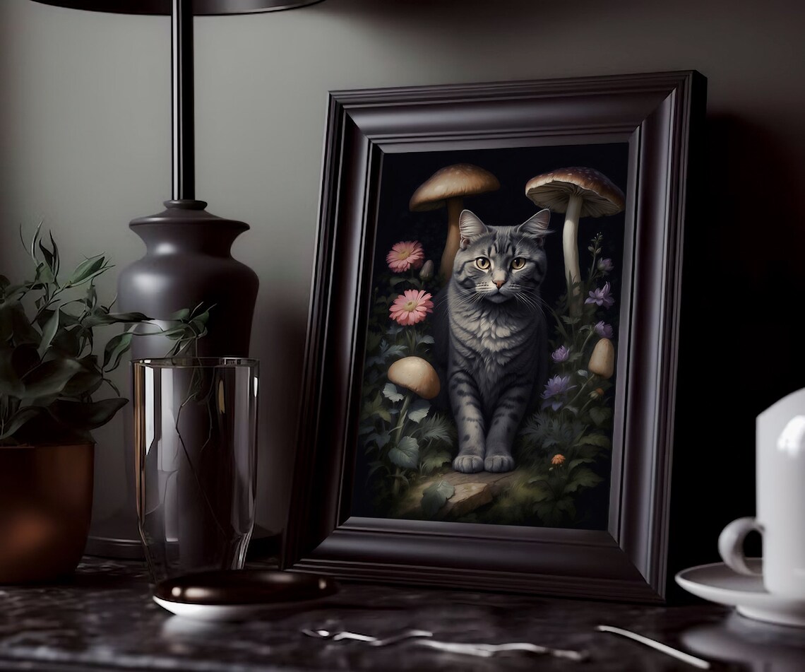Gray Tabby Cat Among Mushrooms and Flowers at Night Art Print - Image 2