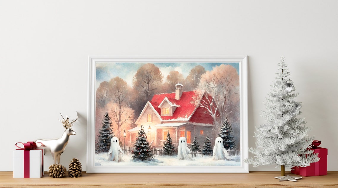Three Ghosts Outside Christmas House Snowy Holiday Scene Print - Image 3