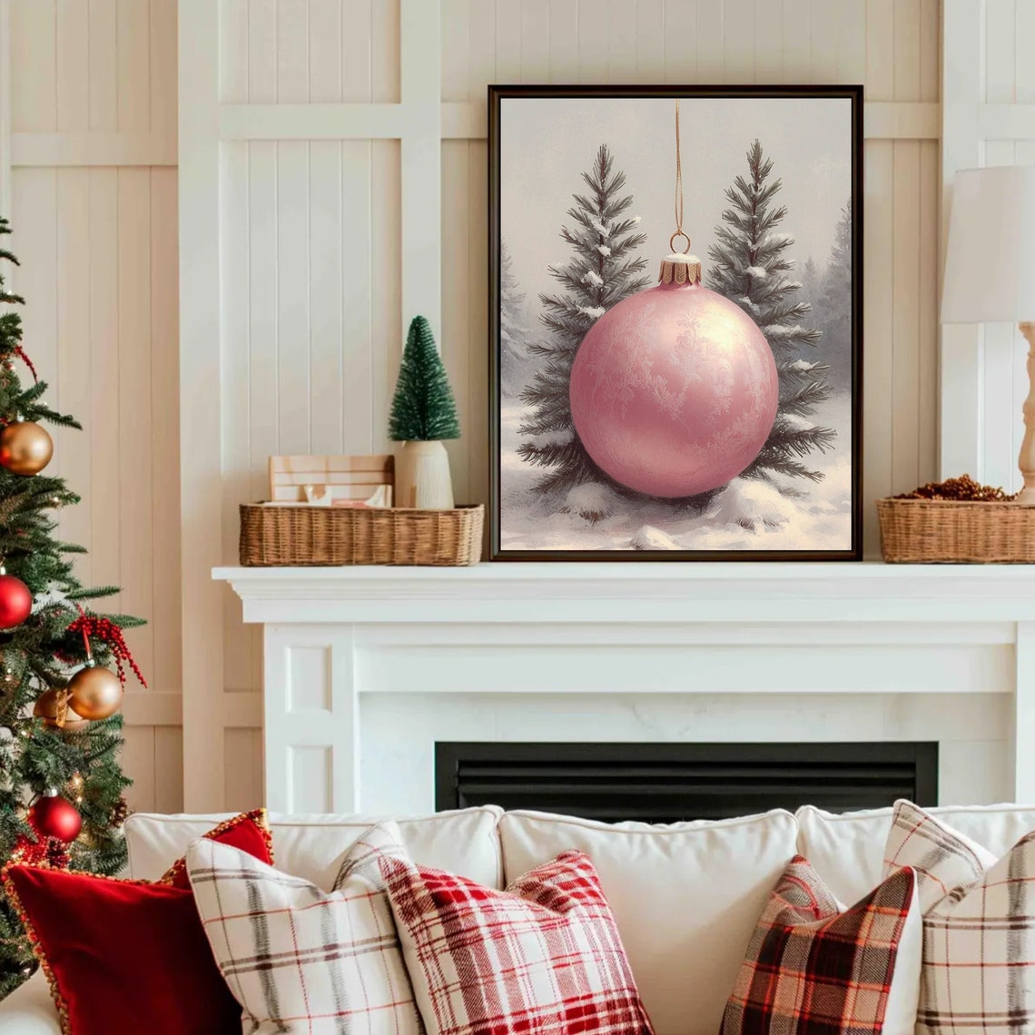 Pink Christmas Ornament Bauble Snowy Pine Trees Winter Holiday Poster - Image 4